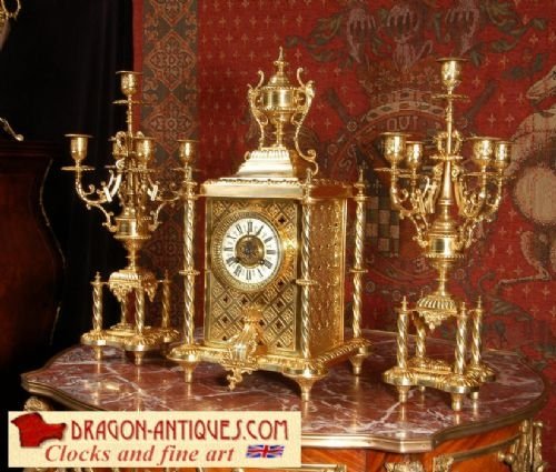 Stunning Antique French Gothic Table Clock Set by Samuel Marti French - Circa 1880